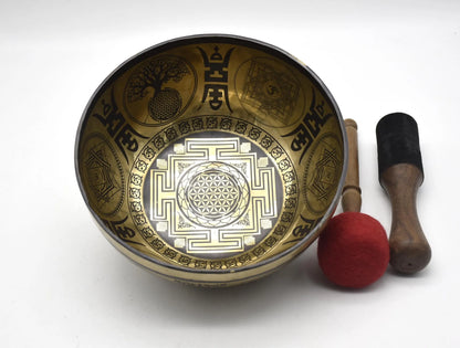 Tree of Life Tibetan Singing Bowl Set - Mandala Carved